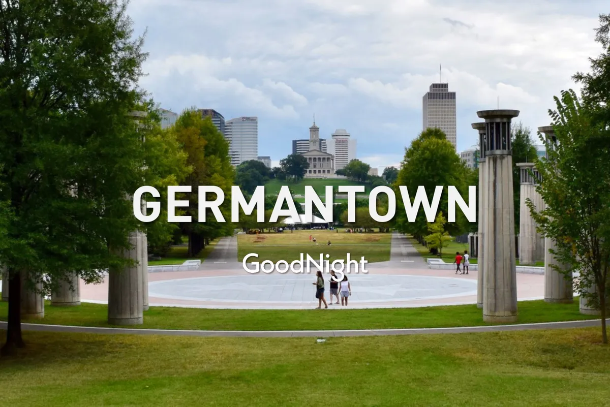 A sweeping exterior view of the city skyline framed by lush greenery and a lively community plaza. People are seen walking and gathering, evoking a sense of connection to Nashville’s vibrant outdoor lifestyle and skyline.